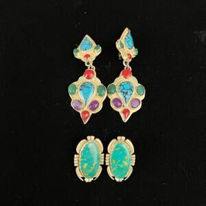 Vintage 925 Sterling Silver Turquoise Gemstone Earrings Lot PJS Signed 2 Pairs